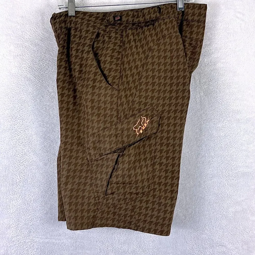 VTG Fox Racing Cargo Shorts Mens 32 Brown Houndstooth w/ Chamois Cycling MTB Y2K